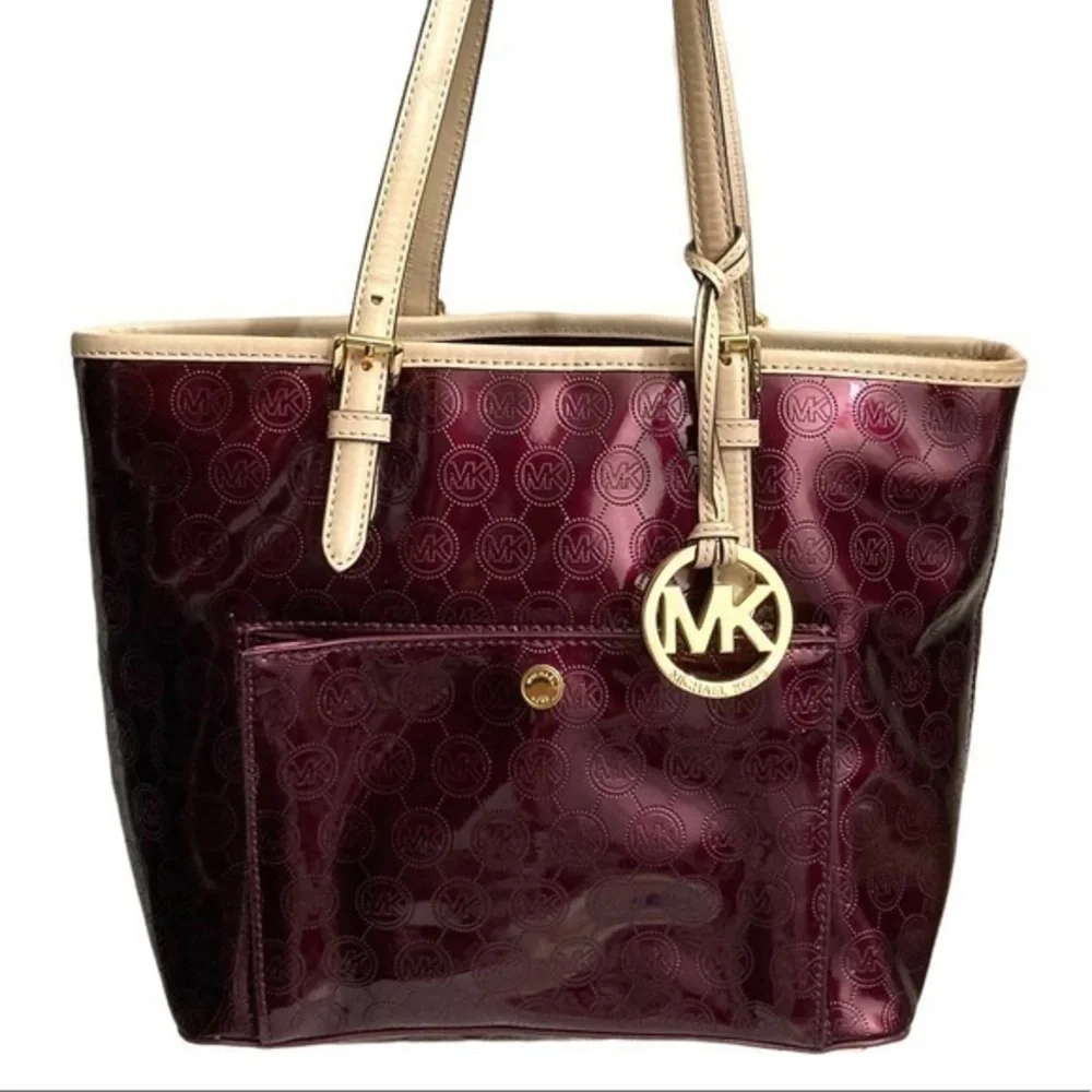 Michael Kors burgandy red patent leather embossed mk tote bag